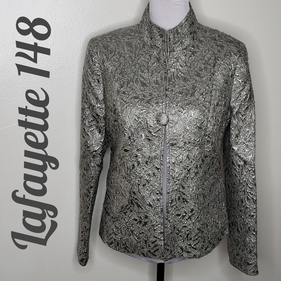 Lafayette 148 Silver Shimmer Mandarin Jacket Wool Luxury Asian Office Spring - Picture 7 of 15